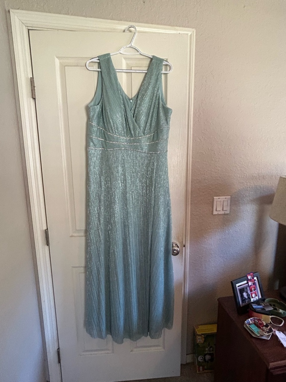R&M Richards Metallic Mint Sleeveless Maxi Gown